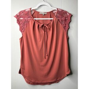 Sweet Rain Terracotta Lace Cap Sleeve Tie Neck Blouse Top Rust Medium T92651